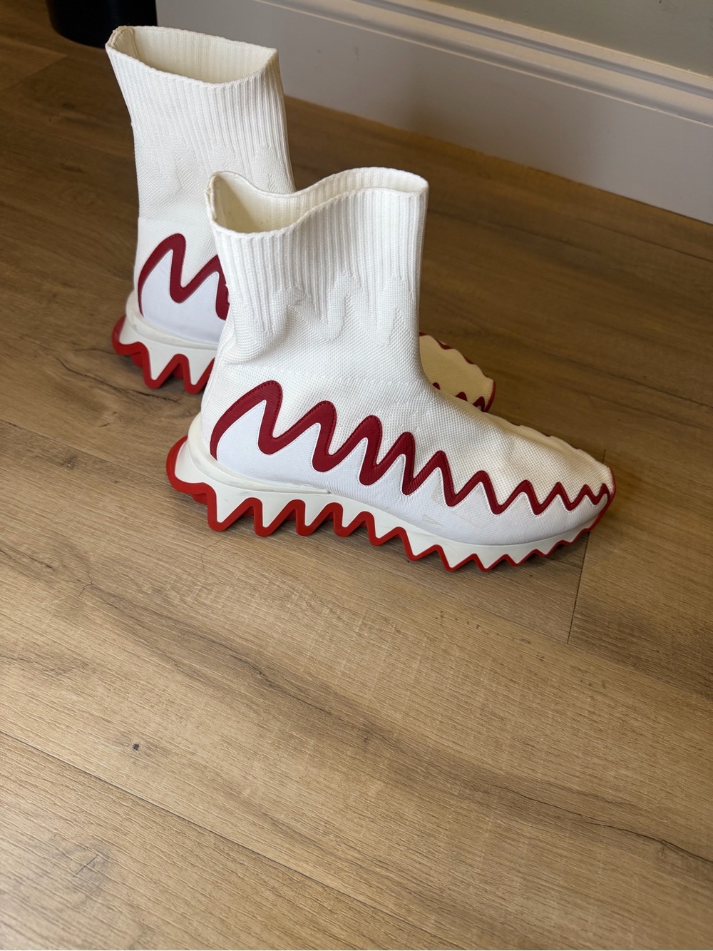 Christian Louboutin White Sock-Style Sneakers with Red Zigzag Trim